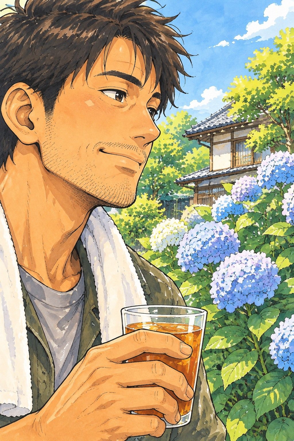 30代の男性の寄り。麦茶のコップを持ち、庭の奥の、母が植えた紫陽花の株を見る。目元がやわらぐ。白い光。少し下から。