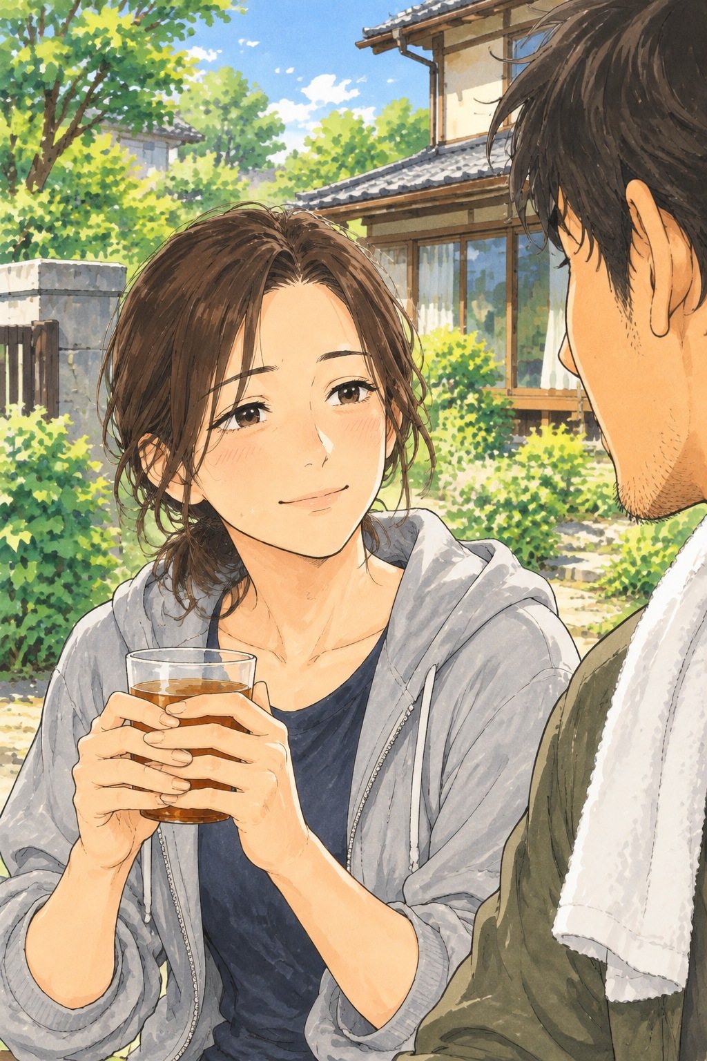 髪を首の後ろでゆるく結んだ女性の寄り。麦茶のコップを両手で持ち、弟の横顔を見て、口の端を少し上げる。白い光。目の高さ。
