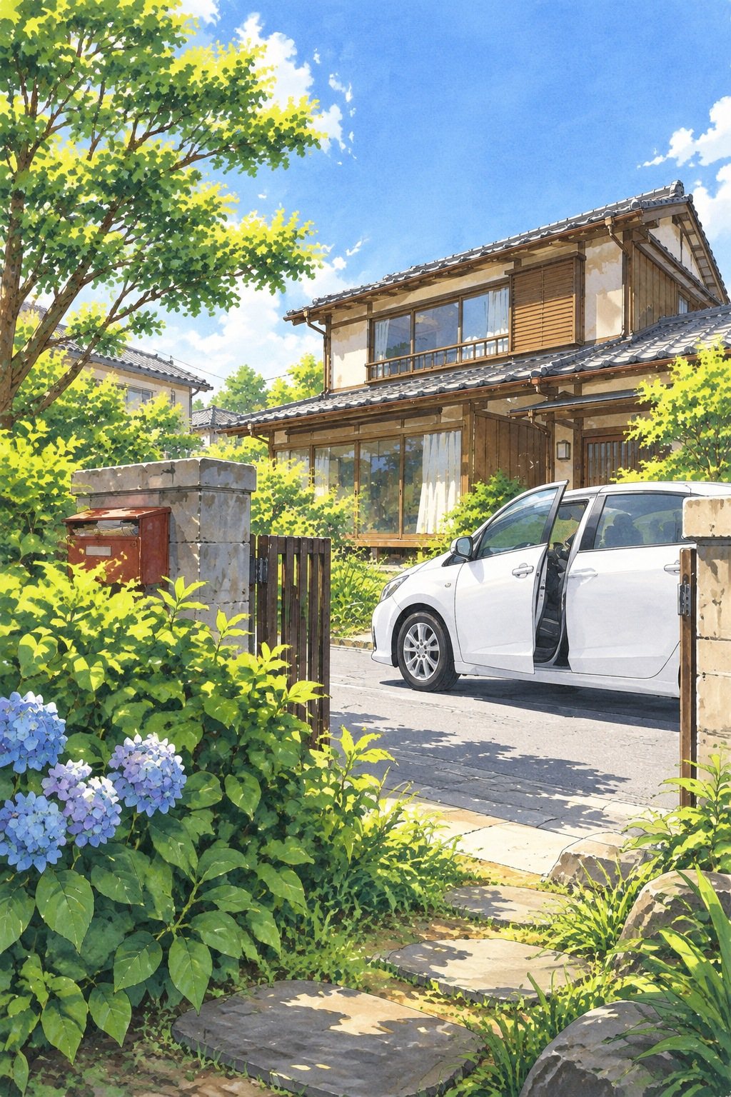 実家の門の前の道。会社の名前の無い白い車が止まり、ドアが開きかける。手前に庭の生け垣と紫陽花。白い光。浅く見上げる角度。