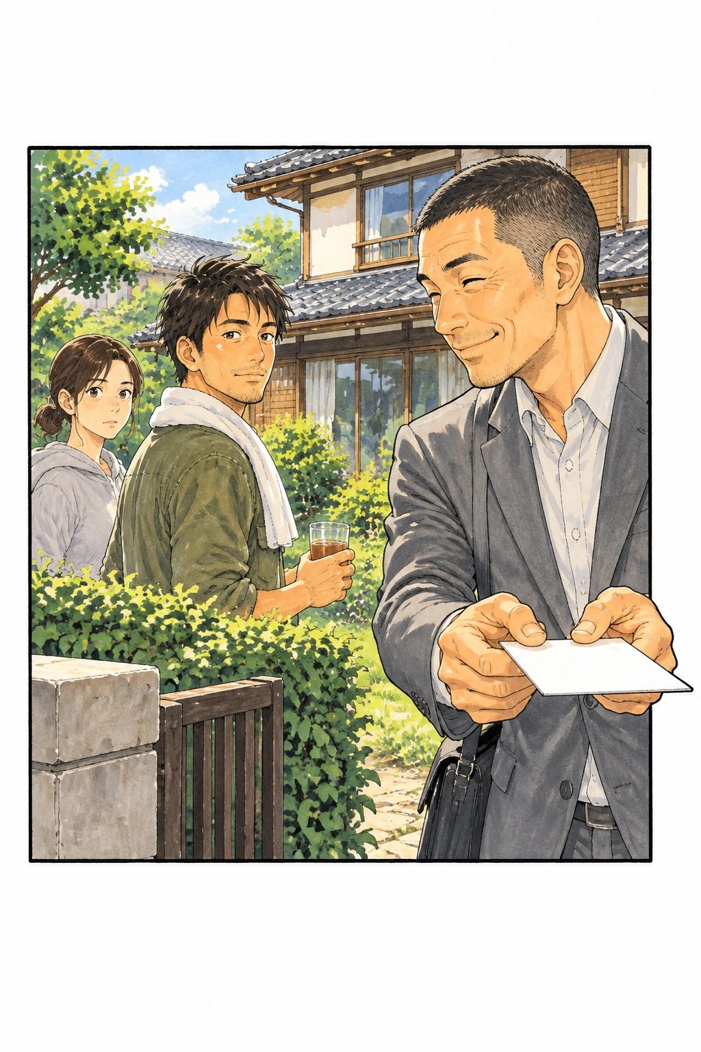 門の前。グレーのスーツの40代の男性が、にこやかに名刺を両手で差し出す。短く刈り上げた髪・細い目。生け垣の向こうで、麦茶のコップを持ったまま振り返る30代の男性と女性。白い光。目の高さ。