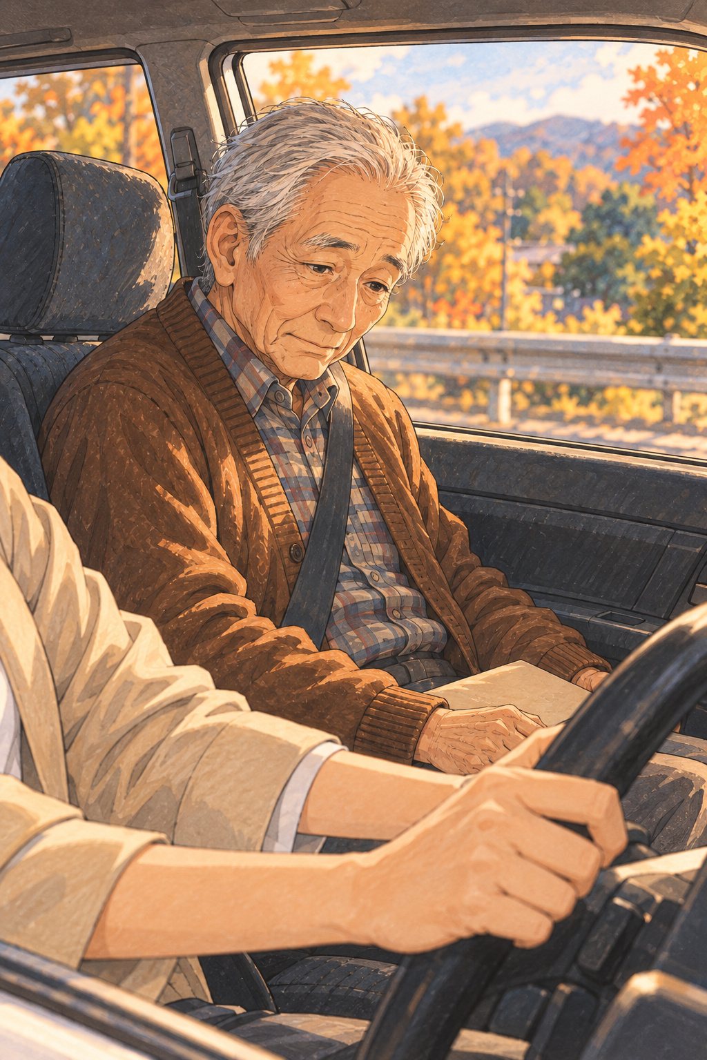 車の中。助手席の年配の男性が、運転席のハンドルをじっと見ている。運転席には、ハンドルを握る40代の女性の手と肩。
