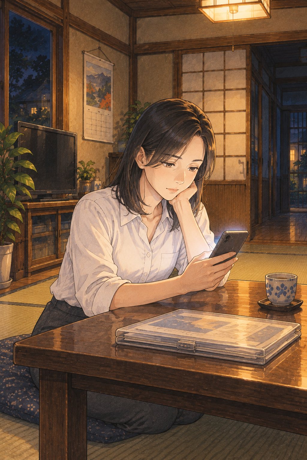 夜の実家の居間。座卓でスマホを見ている40代の女性。座卓の上に、車検証を入れた古いビニールのケースと、湯のみ。