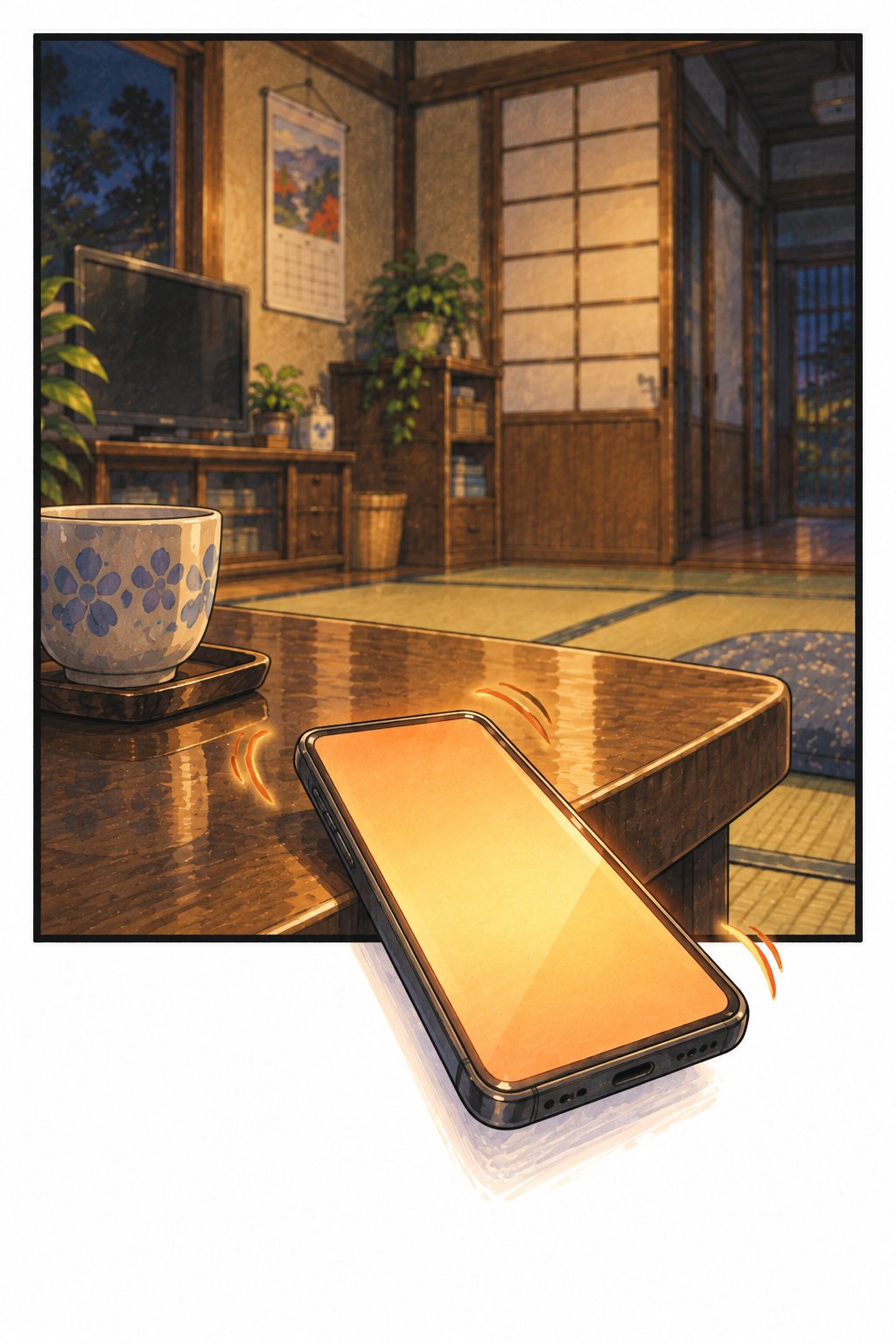 夜の座卓の上で、震えるスマホが湯のみの横を滑っていく。橙の着信の光。スマホが絵の枠の下の線を越えて手前へはみ出している。