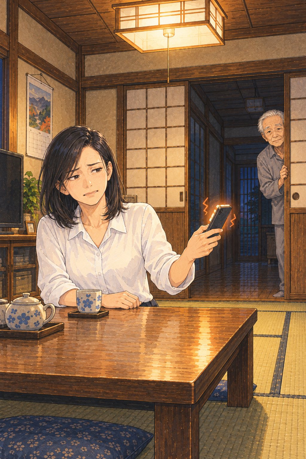 居間で、震えるスマホを腕をのばして遠ざけるように持つ女性。廊下のふすまの陰から、寝間着の年配の男性がのぞいている。