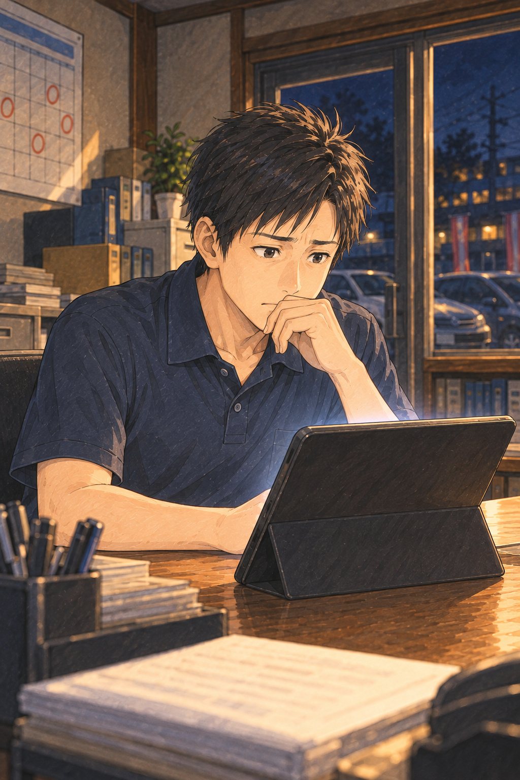 夜の小さな車の買取の店の事務所。机でタブレットの通知を見て、困った顔をする20代の男性。