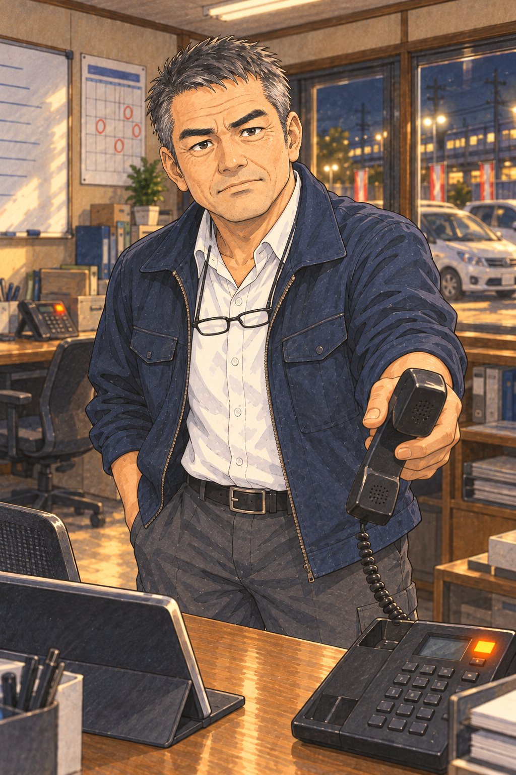 同じ事務所。受話器を片手に、男性の机の横に立つ50代の店長。壁に、車のオークションの日の印の付いた暦。