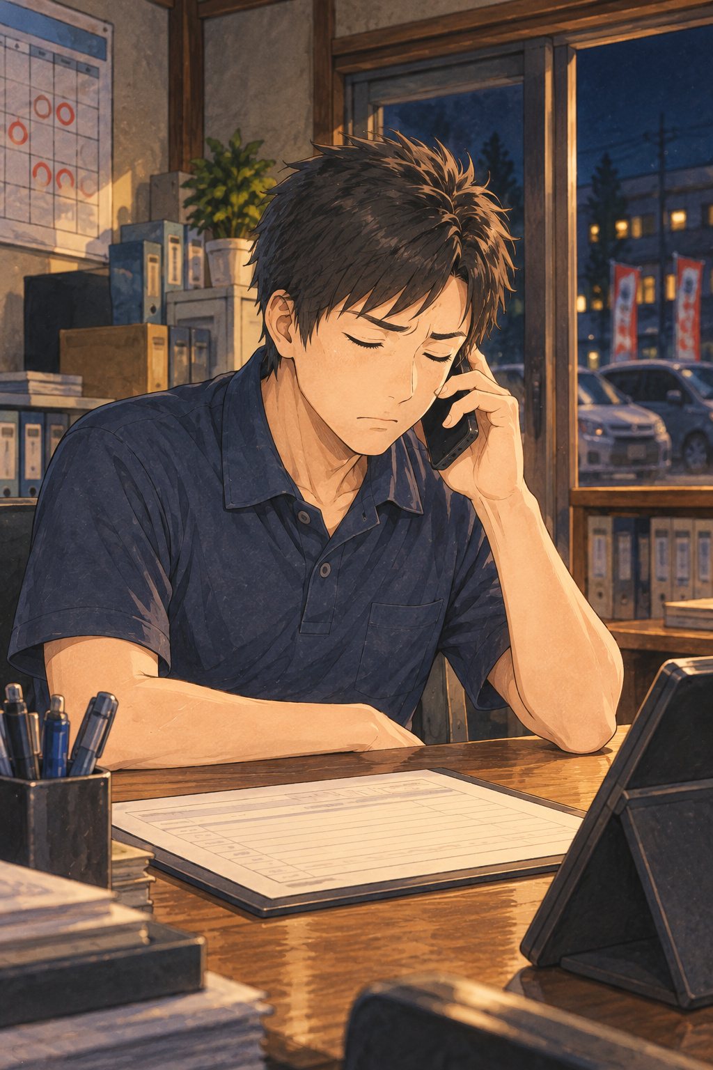 事務所の机で、スマホを耳に当てたまま目を閉じる20代の男性。机の上に、何も書いていない査定の紙。