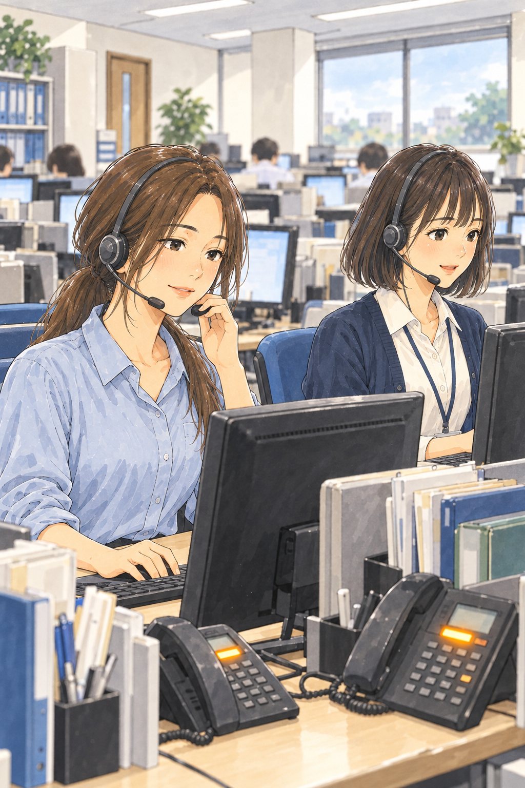 白い蛍光灯の窓口の部屋。ヘッドセットで電話を受けながら画面を見る、長い髪を低く結んだ女性。隣の席で、黒いボブの若い女性が別の電話に出ている。