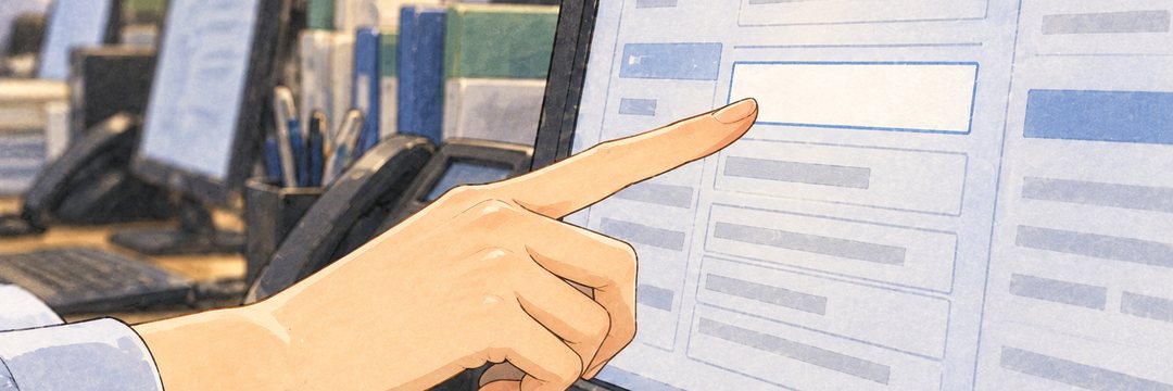細い横の帯の寄り。画面の申込みの欄を指さす女性の指先。指の先の欄だけが空いている。
