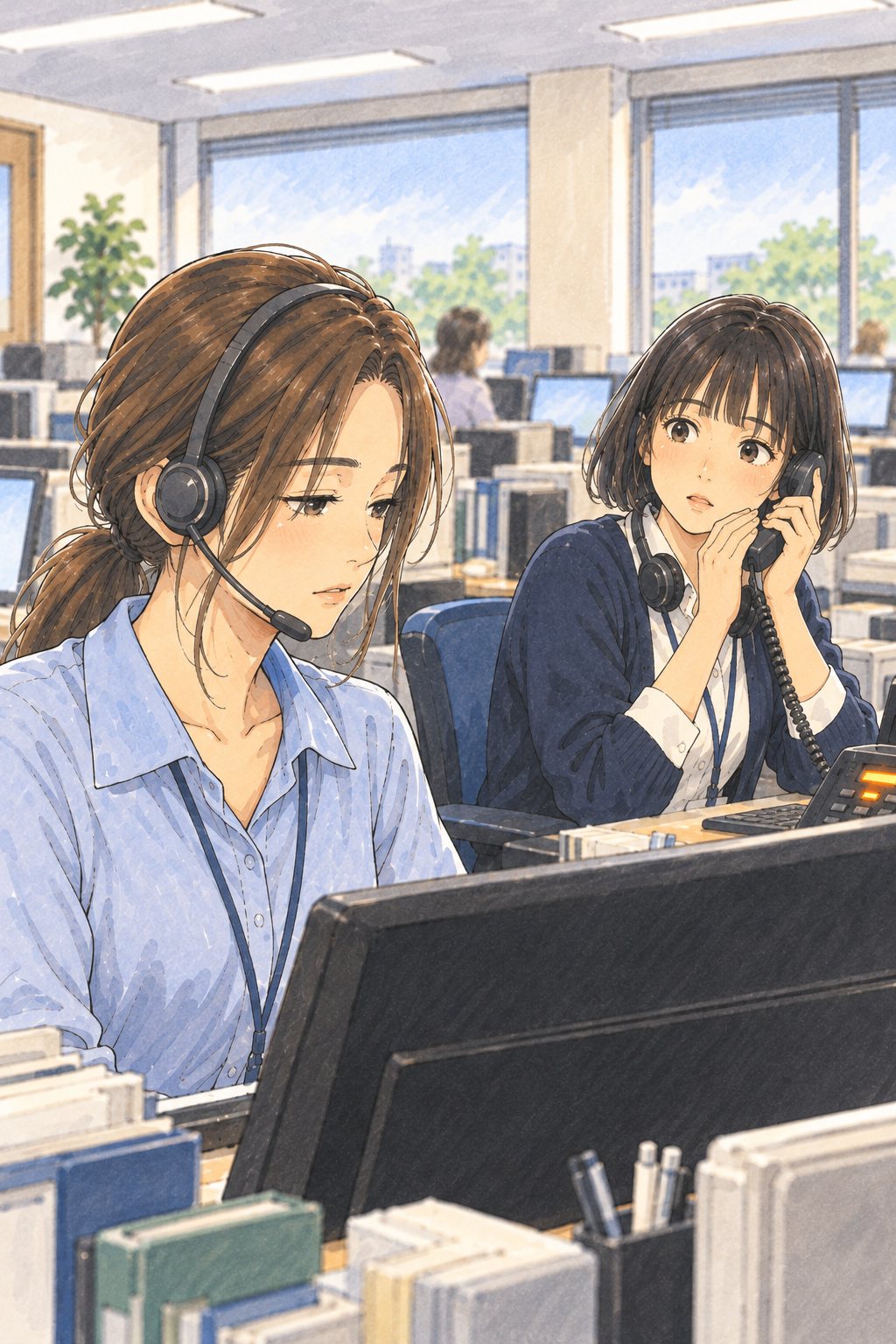 窓口の机。ヘッドセットの女性が、画面を見たまま小さくため息をつく。隣の席の若い女性が受話器を手で押さえて、こちらを振り向いている。