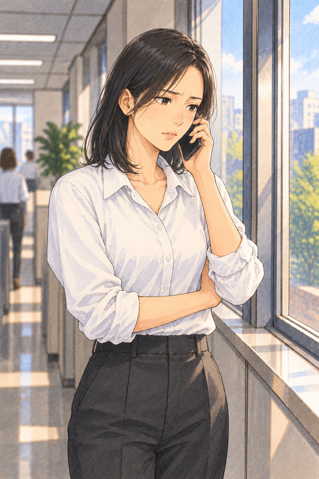 昼休みの会社の廊下。窓ぎわで、スマホを耳に当てて眉をひそめる40代の女性。