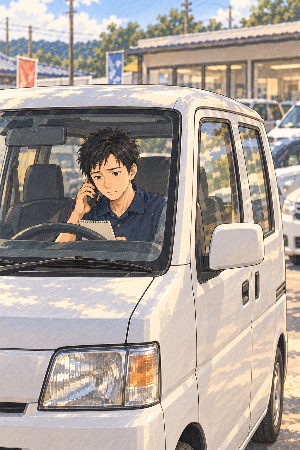 買取の店の前に止めた白い軽のバン。運転席で、スマホを耳に当て、ハンドルの上のメモ帳を見る20代の男性。