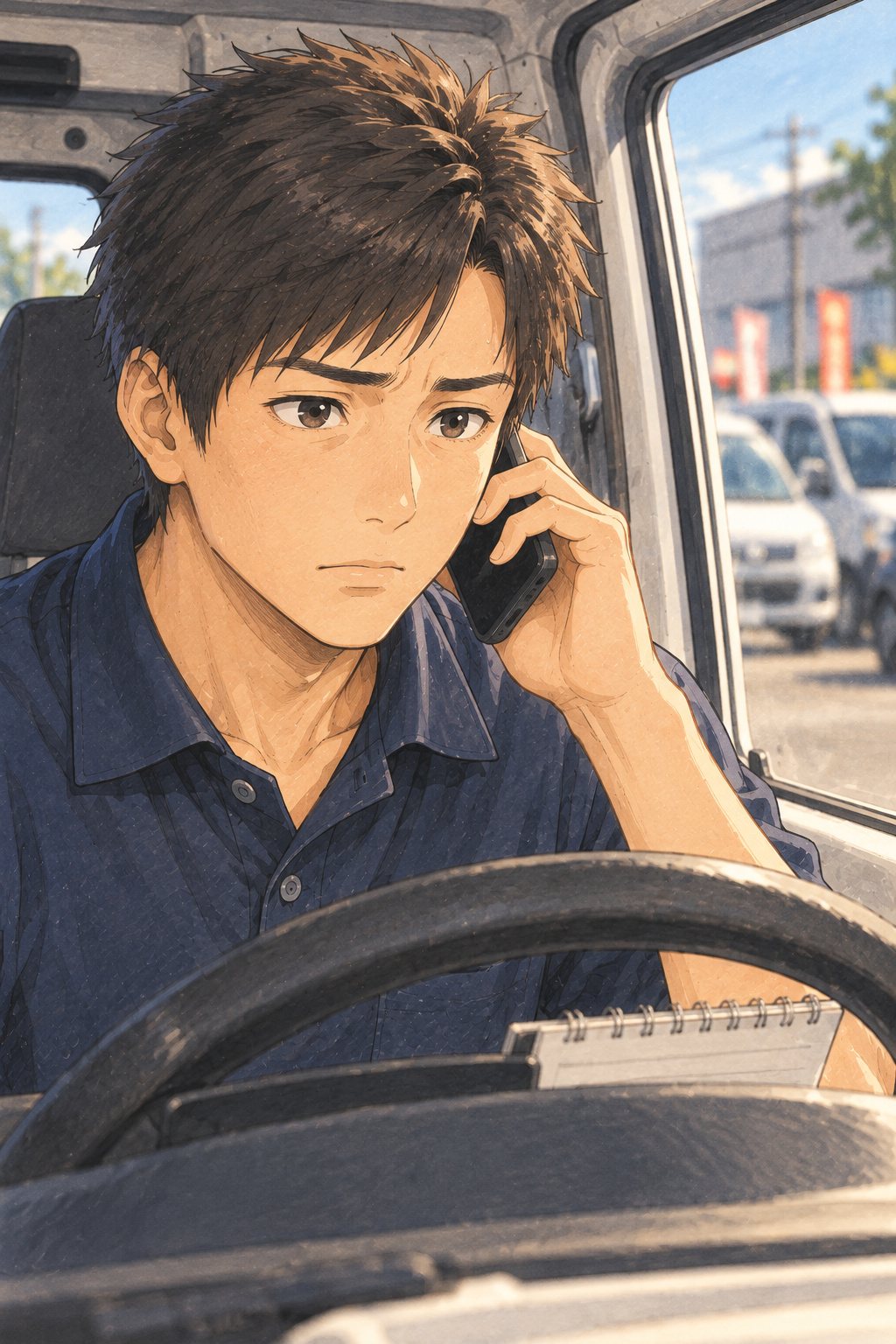 白い軽のバンの運転席。スマホを耳に当て、まっすぐ前を見る20代の男性の寄り。