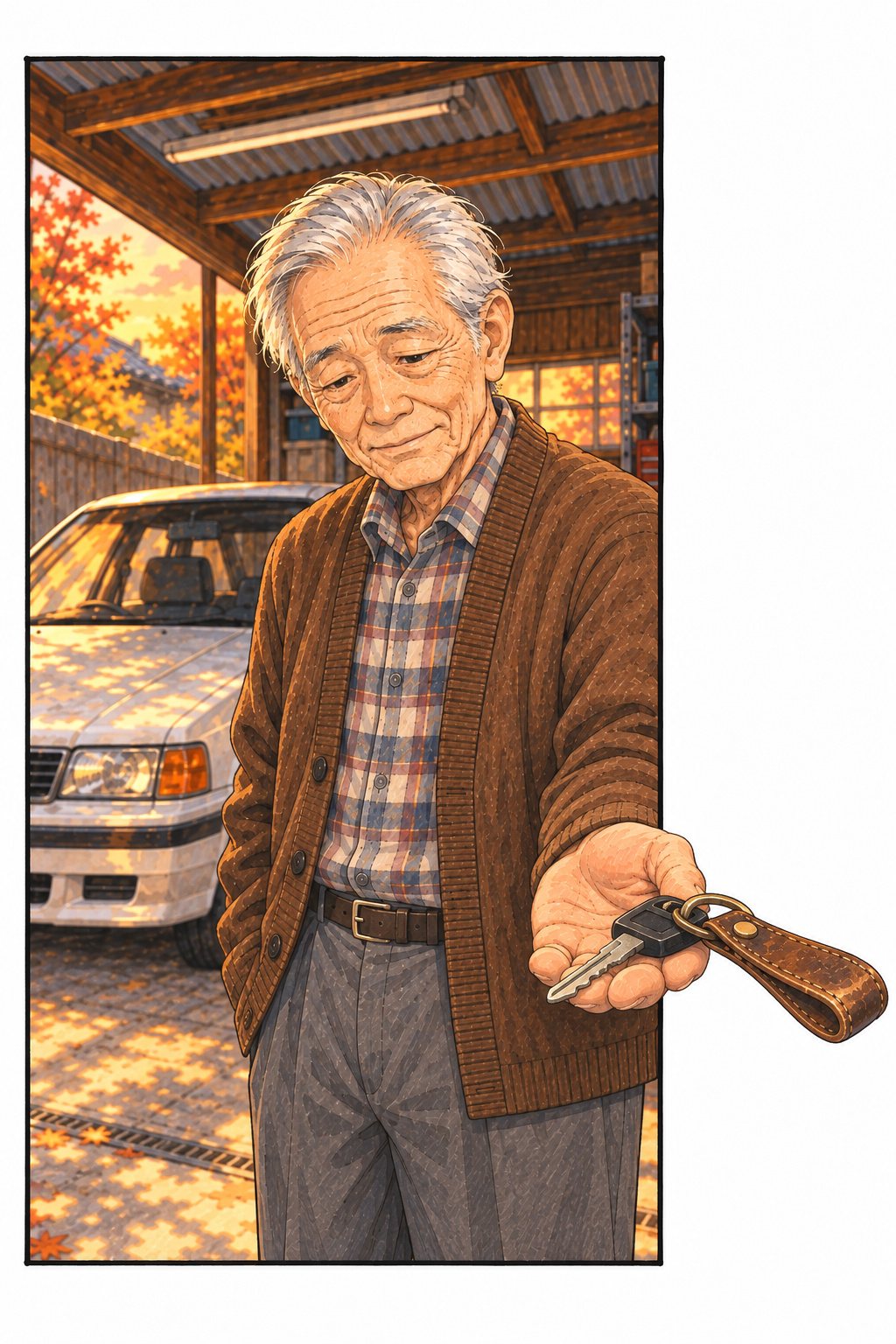 夕方の家の車庫。白いセダンの横に立つ年配の男性が、古い革の輪の付いた車の鍵を手のひらにのせて見つめている。鍵と革の輪が、絵の枠の右の線を越えて手前へはみ出している。