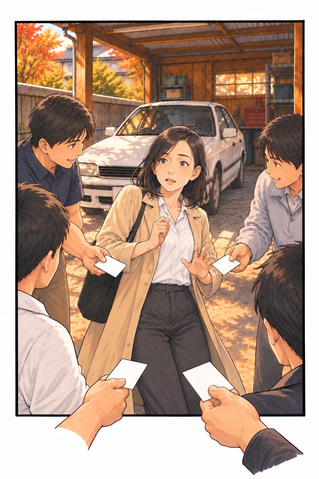 車庫の前で、4人の査定員がそれぞれ名刺を差し出し、40代の女性を半円に囲んでいる。差し出された名刺と手が、絵の枠の下の線を越えて手前へはみ出している。