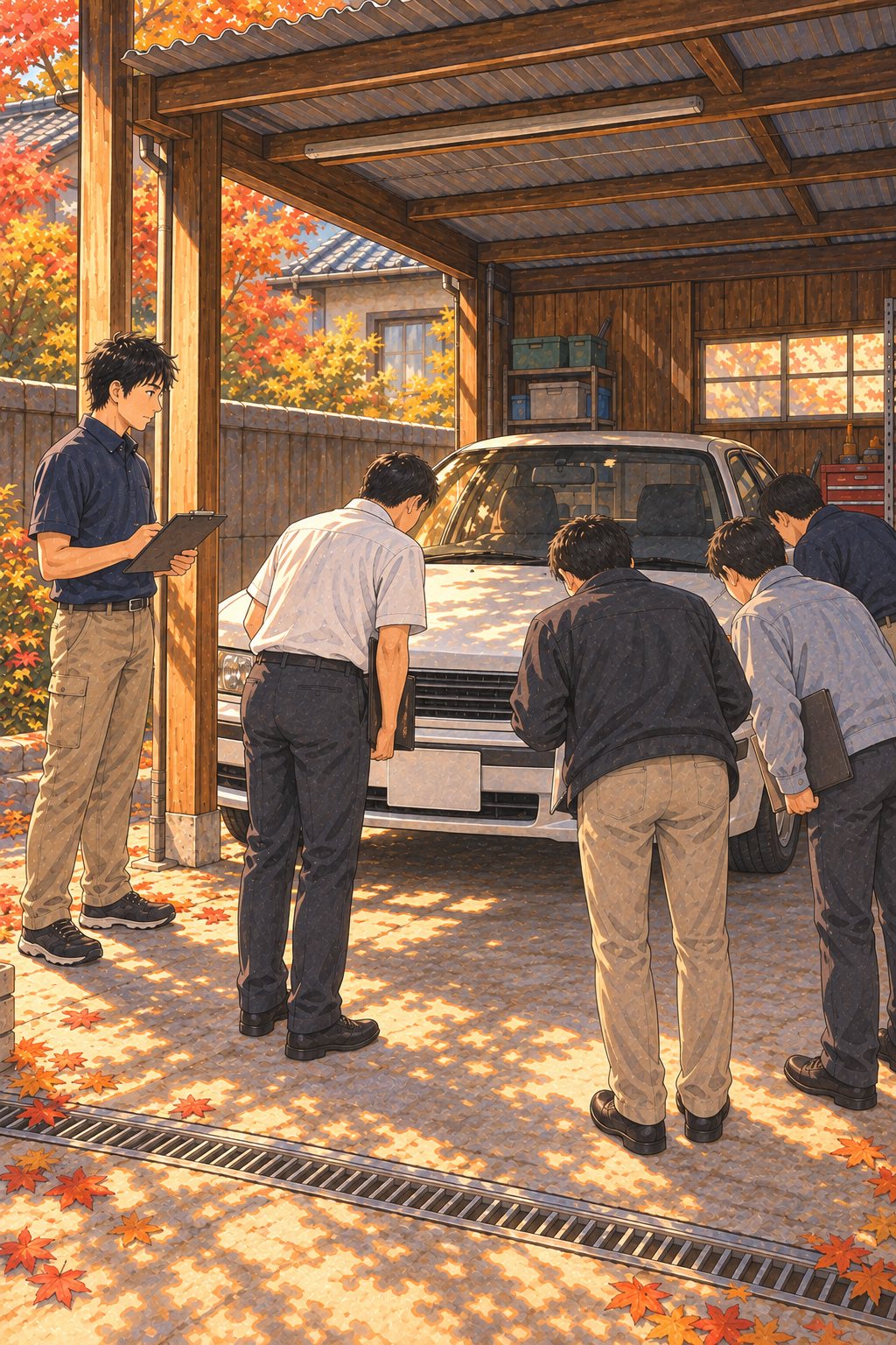 車庫の端。ほかの査定員の後ろで、クリップボードを持って1人だけ離れて立つ20代の男性の査定員。