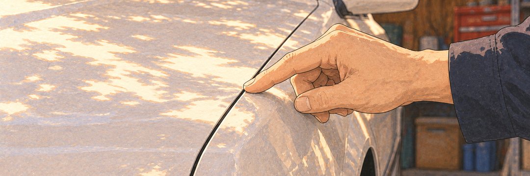細い横の帯の寄り。白い車のボンネットと前のフェンダーのすき間を、そっとなぞる男性の指先。