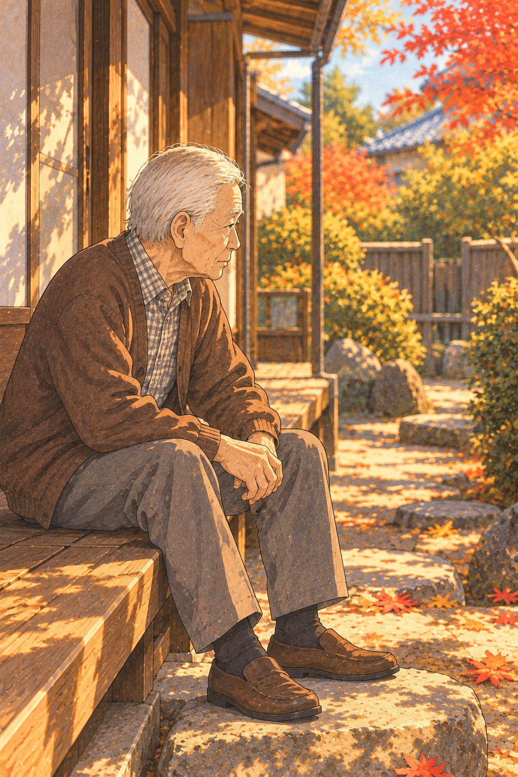 縁側に座る年配の男性が、車の前のほうを見られているところから、ふっと目をそらす。