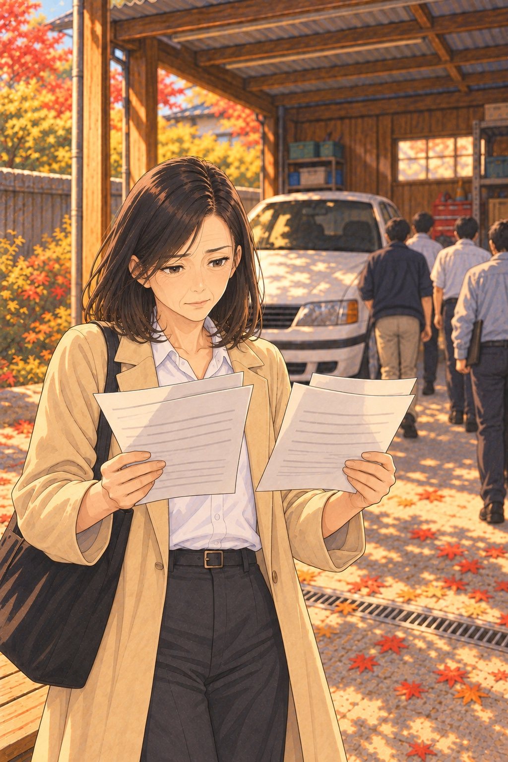 車庫の前で、40代の女性が4枚の査定の紙を両手に持って見比べている。去っていく査定員たちの背中。