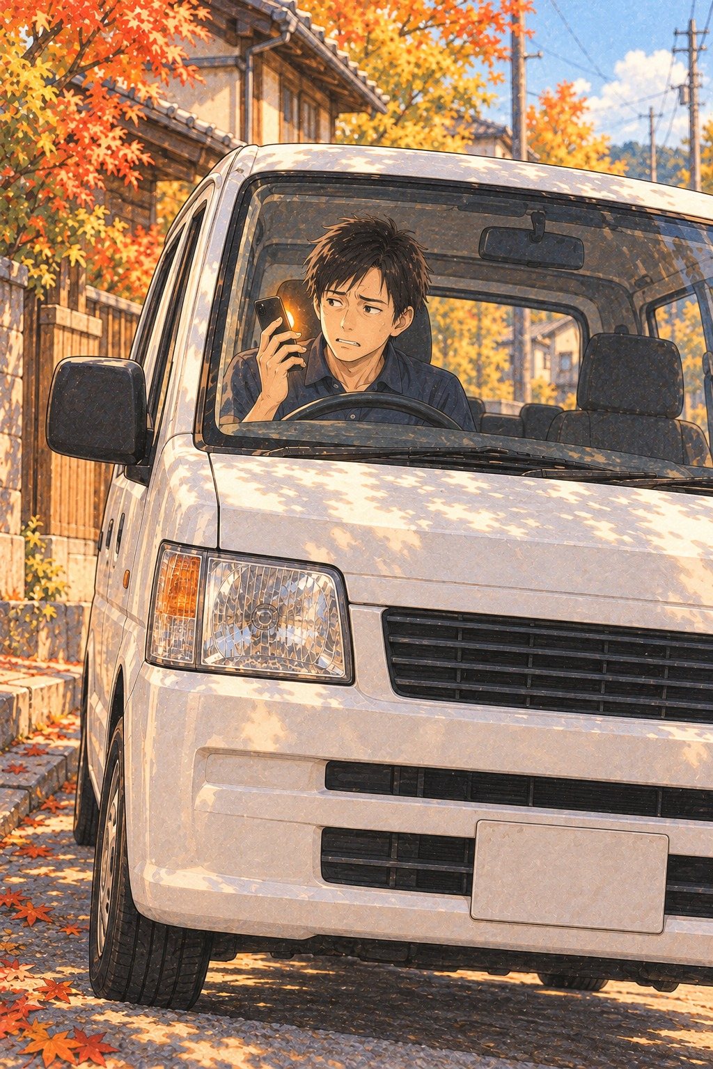 家の前の道に止めた白い軽のバンを、斜め前の低い所から見る。右ハンドルの運転席で、スマホを耳から少し離して顔をしかめる20代の男性。