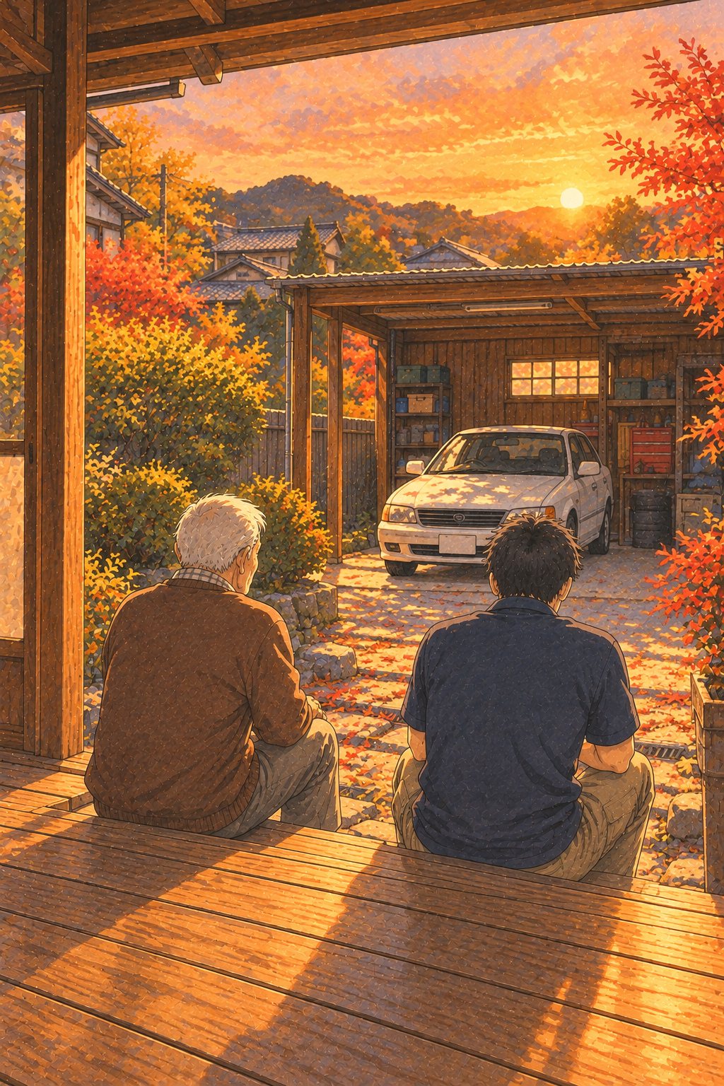 夕日の縁側。年配の男性と20代の男性の査定員が、少し離れて並んで座り、車庫の白いセダンを見ている。