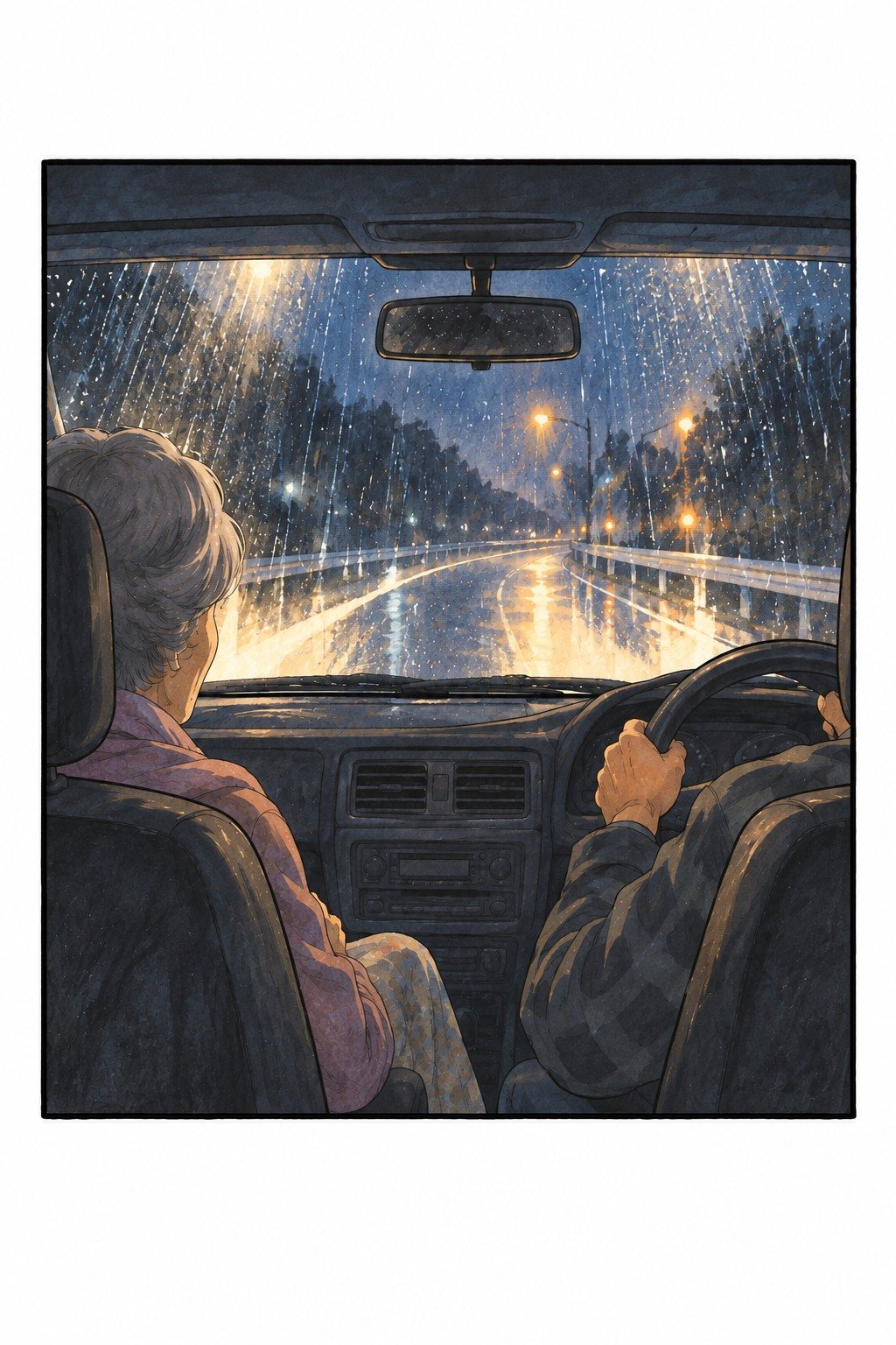 色のあせた思い出。雨の夜、白いセダンのヘッドライトの光の中、助手席の年配の女性の横顔と、ハンドルを握る男性の手。ヘッドライトの光が、絵の枠の上の線を越えて外へ伸びている。
