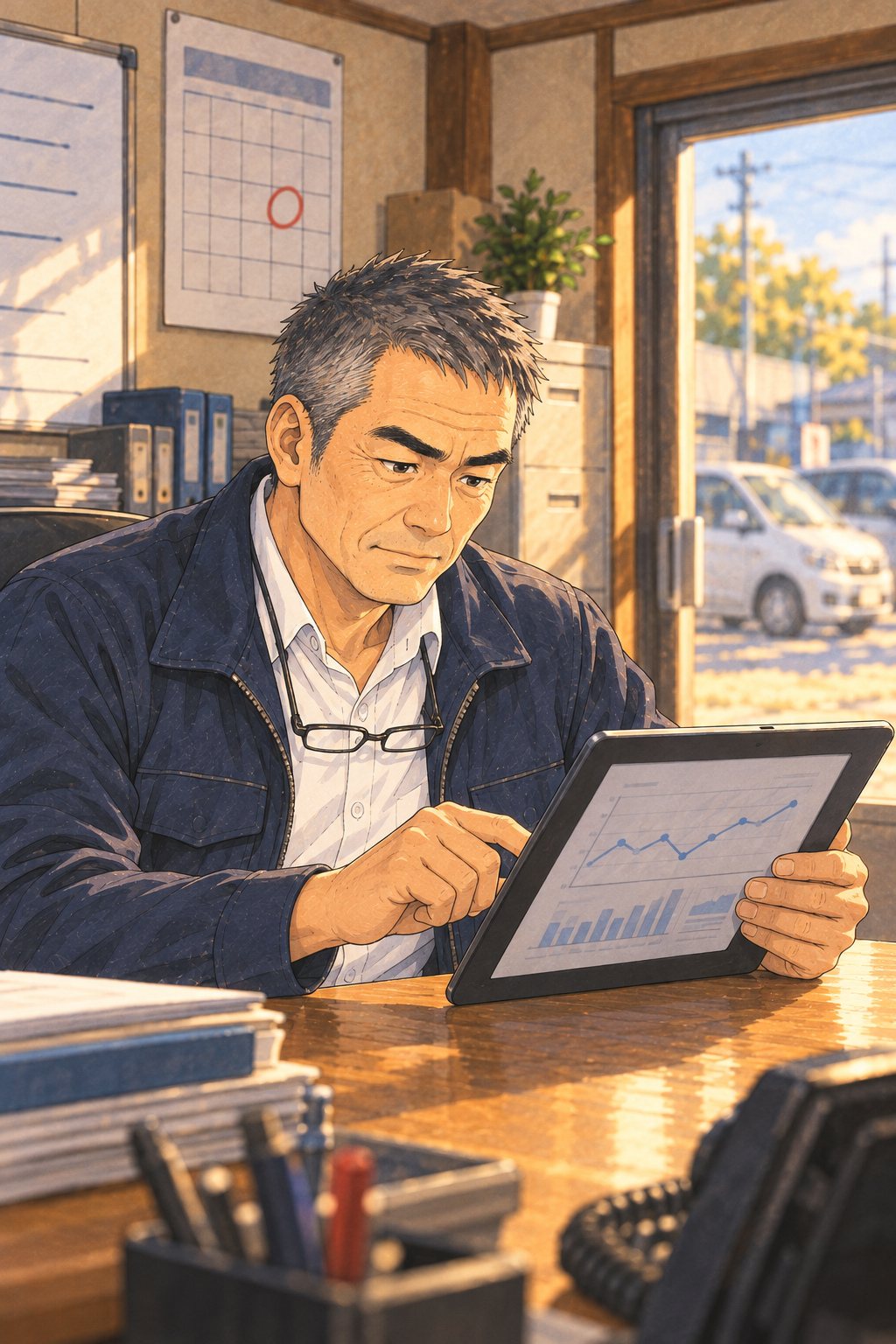 朝の買取の店の事務所。タブレットの折れ線の表を指でたたく50代の店長。後ろの壁の暦に、赤い丸の付いた日。