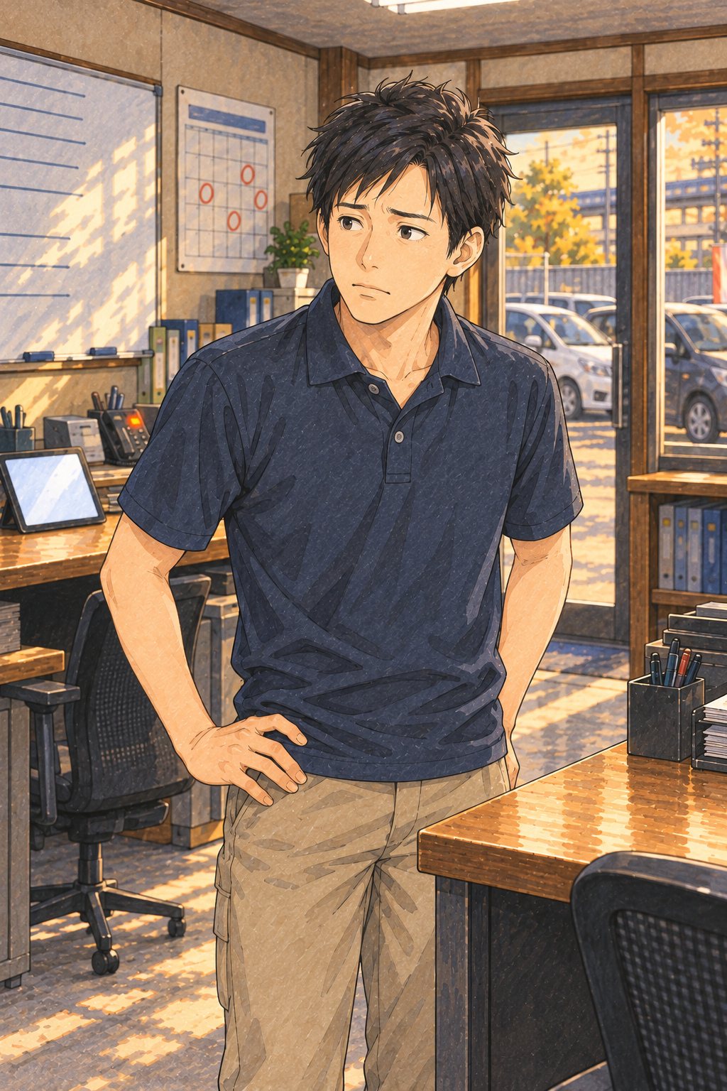同じ事務所。机の前に立ち、困った顔で店長の話を聞く20代の男性の査定員。