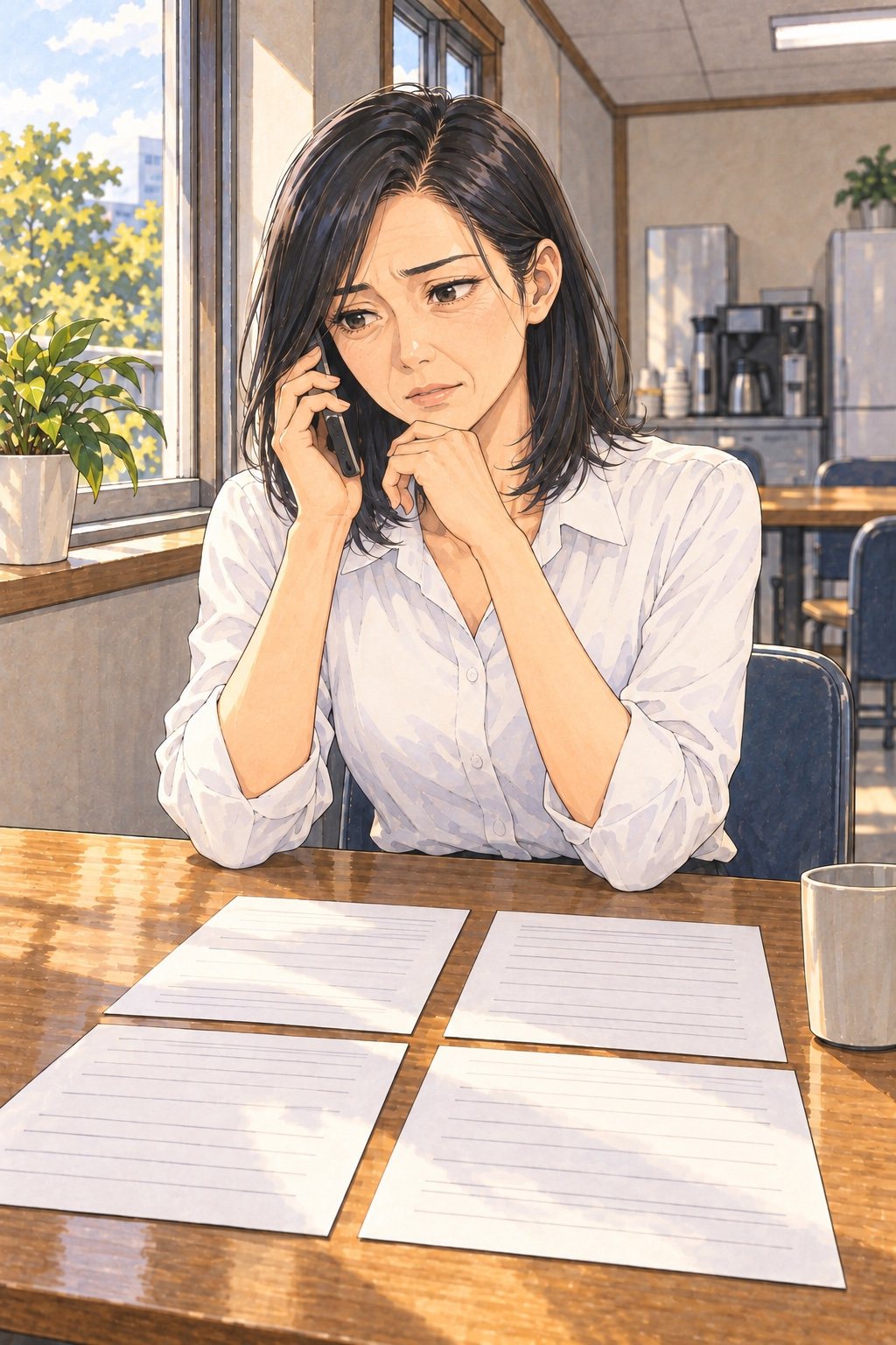 昼の会社の休憩室。窓ぎわの席でスマホを耳に当て、困った顔をする40代の女性。机の上に4枚の査定の紙。