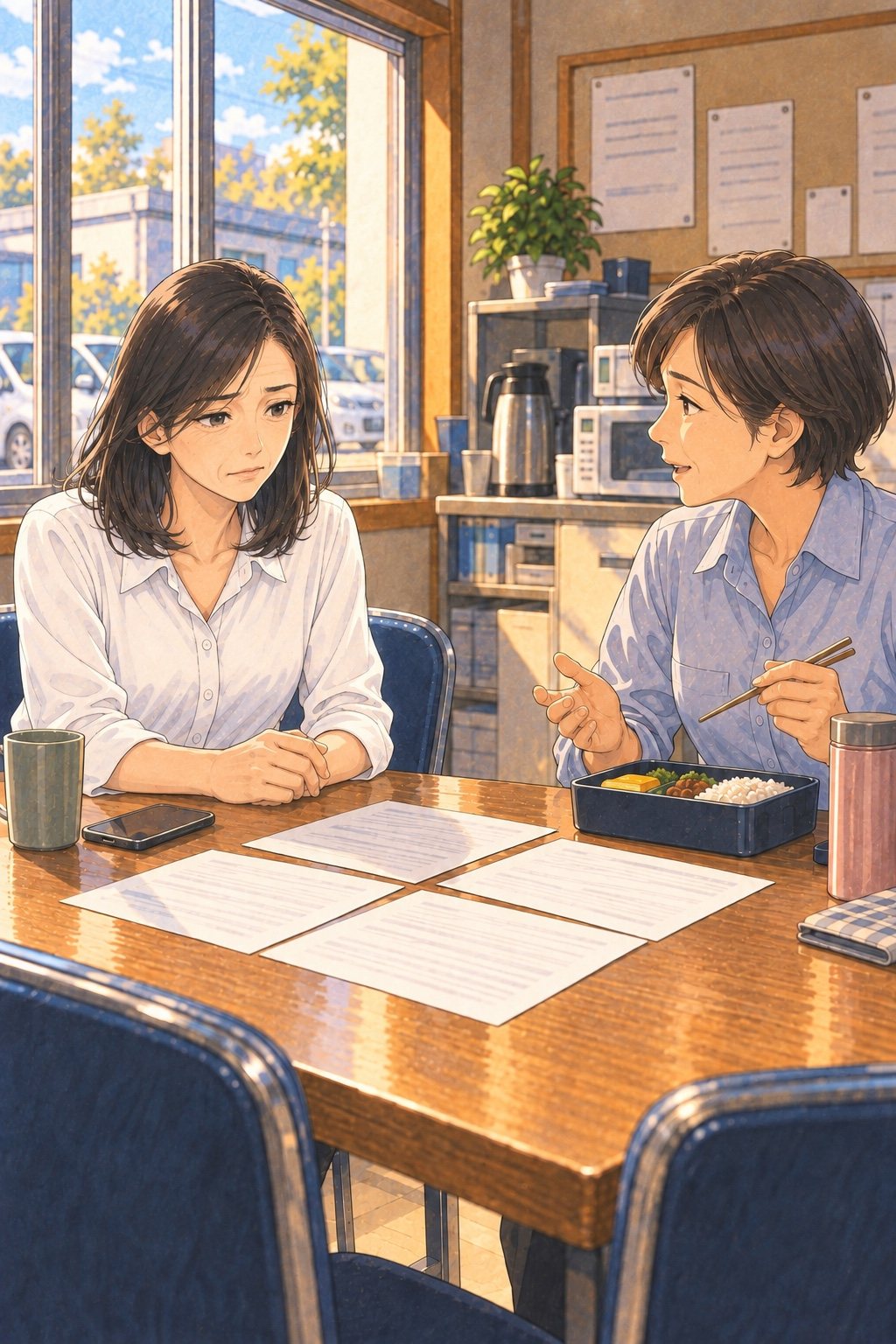 同じ休憩室。向かいの席で、お弁当を食べながら話しかける40代の女性の同僚。奈緒は電話を切ったところ。