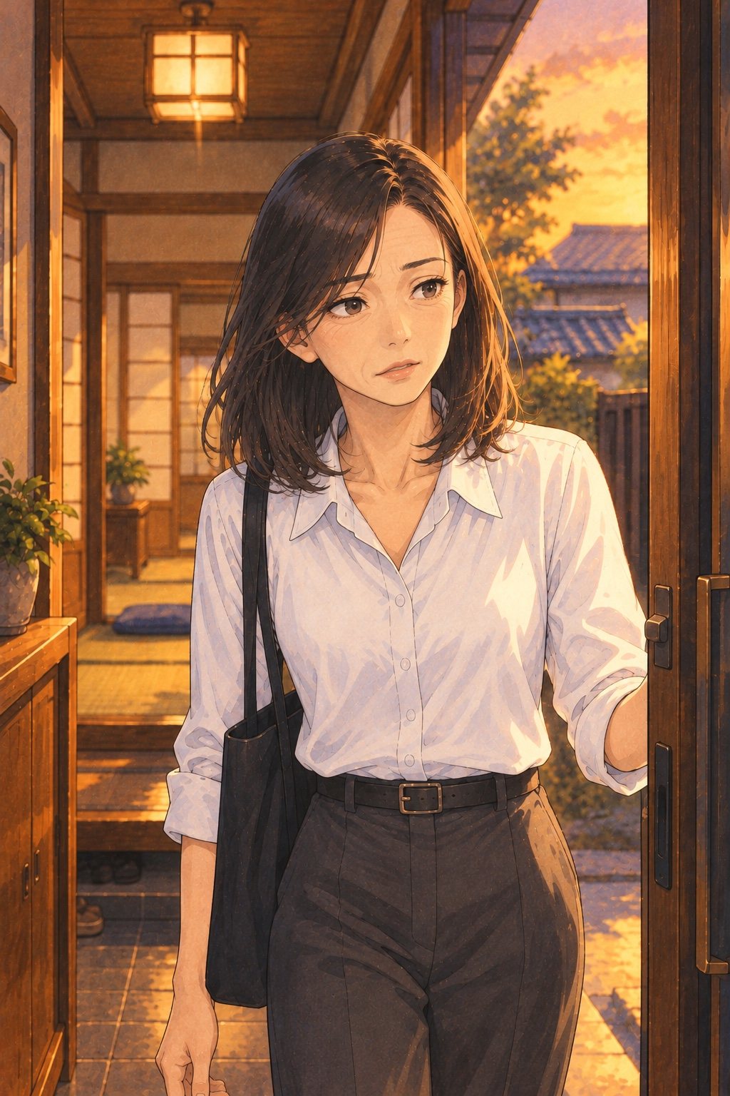夕方の家の玄関。戸を開けて立つ40代の女性。