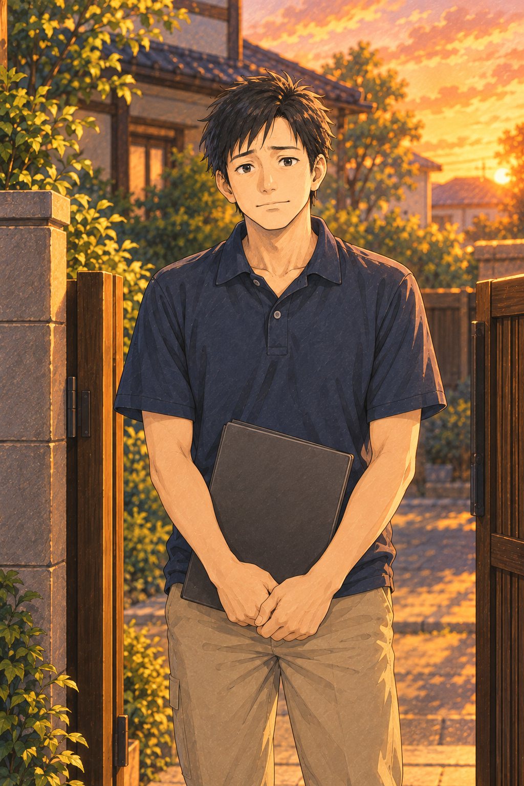 夕日の門の前。ファイルを両手で持ち、少し硬い顔で立つ20代の男性の査定員。