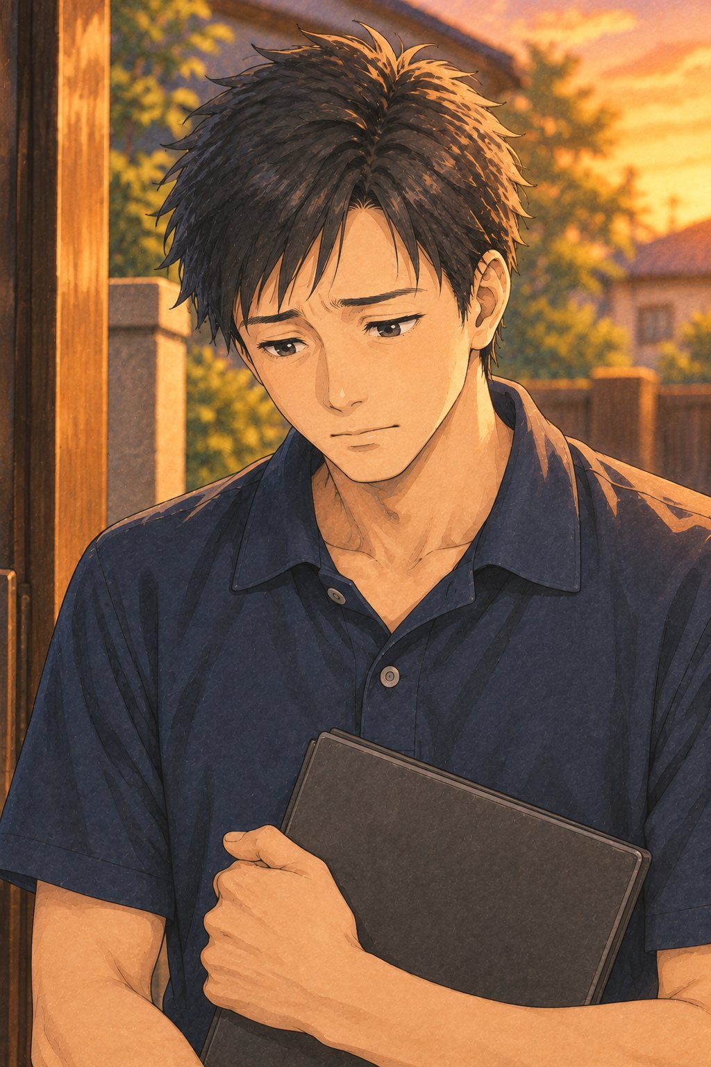 玄関の前で、ファイルを握ったまま目をふせる20代の男性の査定員の寄り。