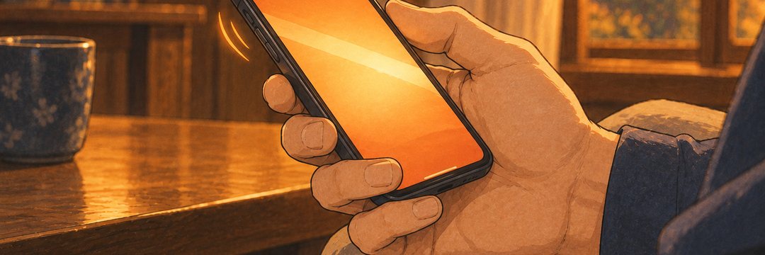 細い横の帯の寄り。男性の手の中で震えるスマホ。画面の橙の光。