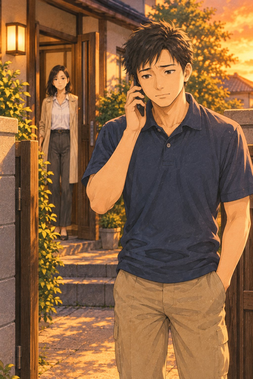 門のわきに数歩はなれて、スマホを耳に当てる20代の男性の査定員。背中ごしに、玄関に立つ40代の女性。