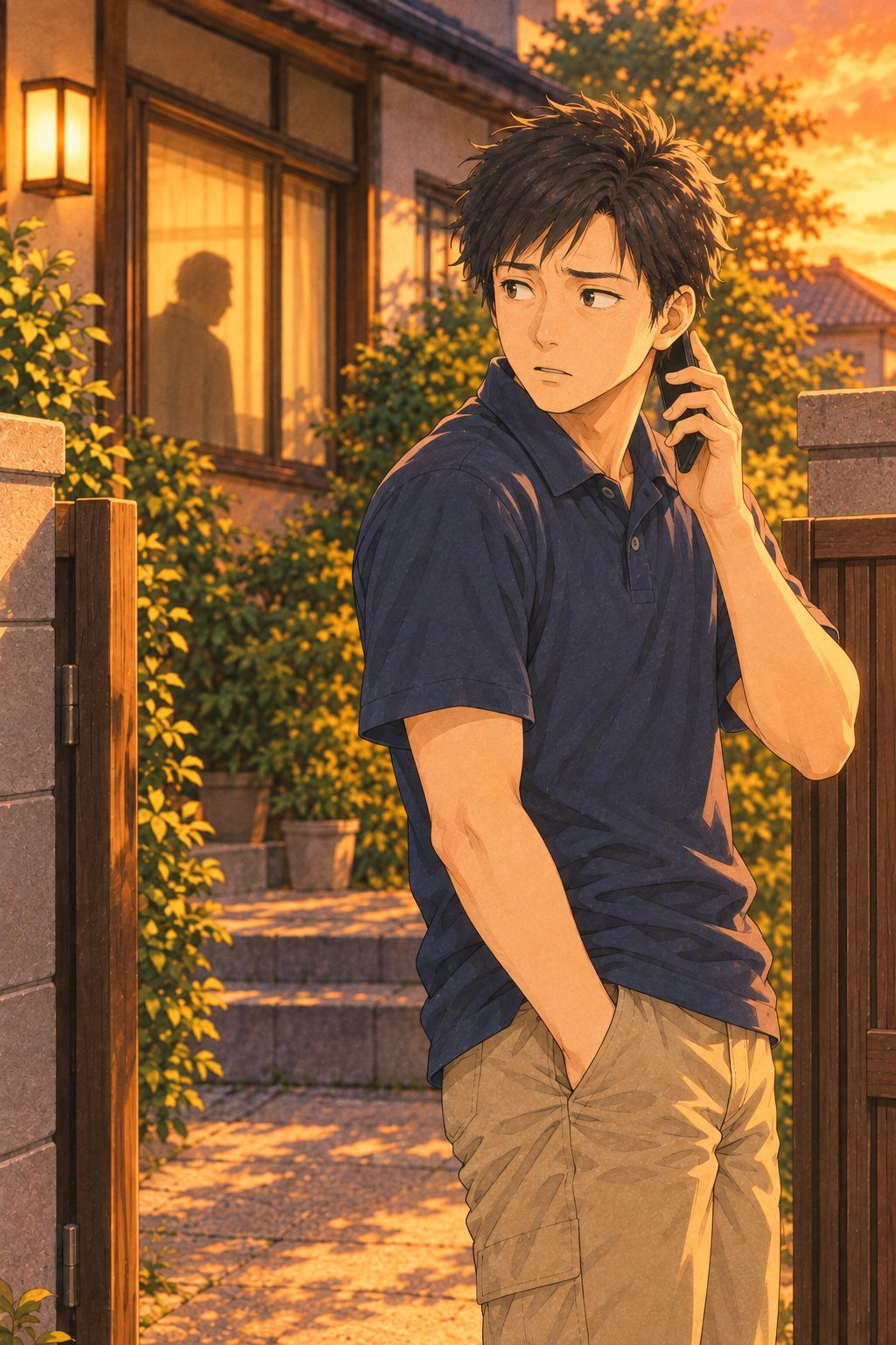 スマホを耳に当てたまま、家の窓のほうを振り返る20代の男性の査定員。窓に、年配の男性の影。