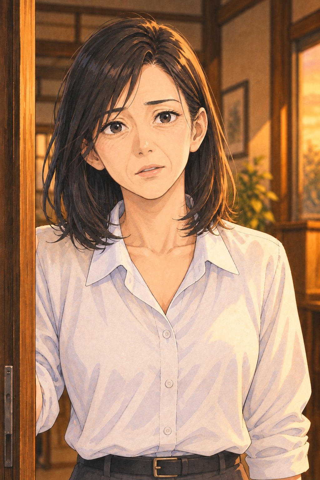 玄関で、目を見開いて立ちつくす40代の女性。