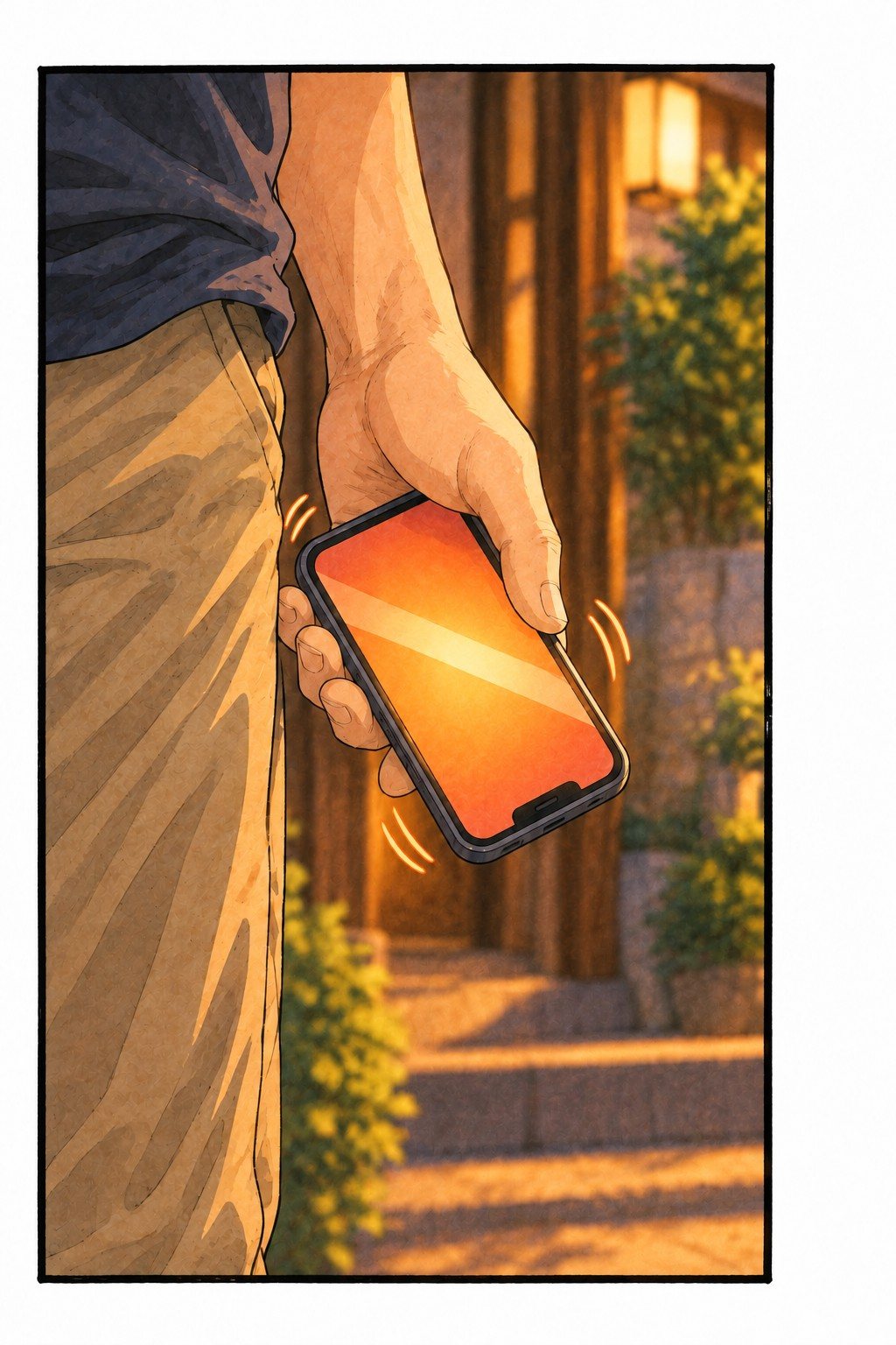 男性の下ろした手の中のスマホ。画面の橙の光と、そこから出る声の線が、絵の枠の右の線を越えて外へあふれている。