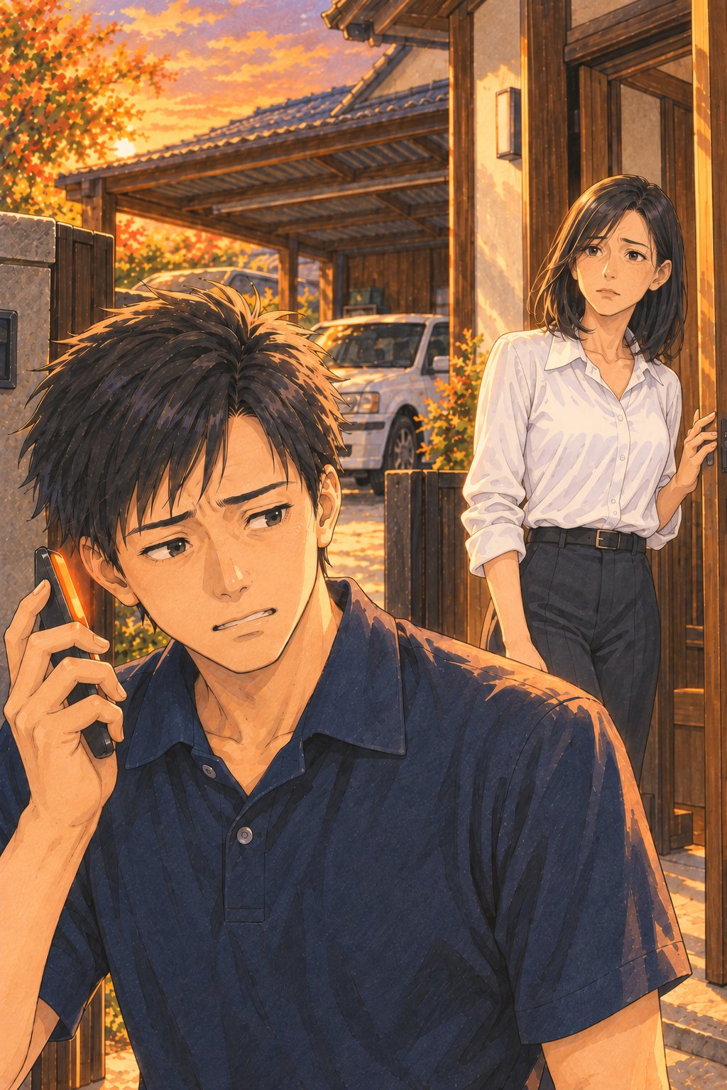 夕方の家の門のわき。電話をつないだままのスマホを、もう一度耳に当てる20代の男性の査定員。背中ごしに、玄関で立ちつくす40代の女性。