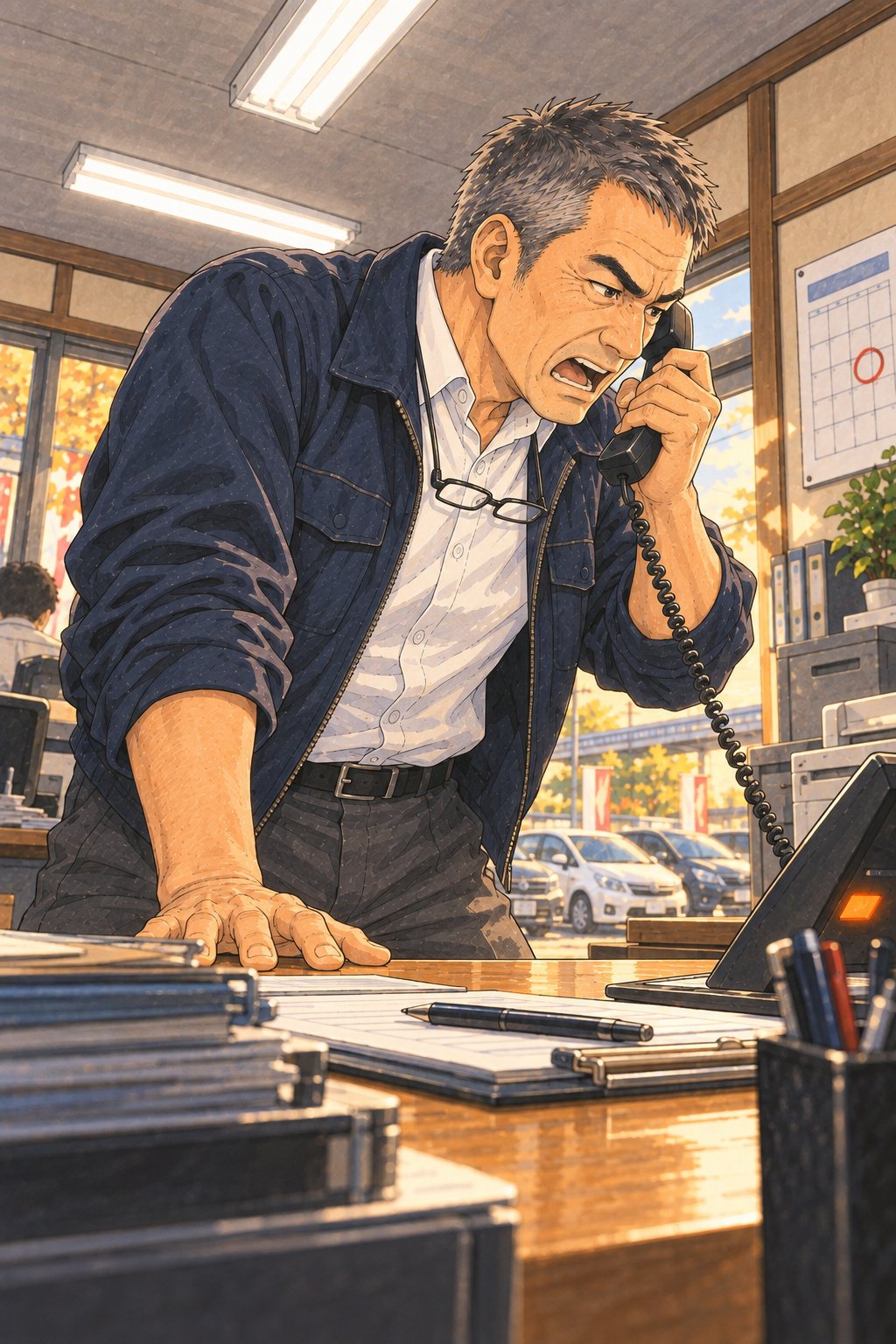 夕方の買取の店の事務所。机に片手をついて身を乗り出し、受話器に向かって声を上げる50代の店長。壁の暦に、木曜の赤い丸。