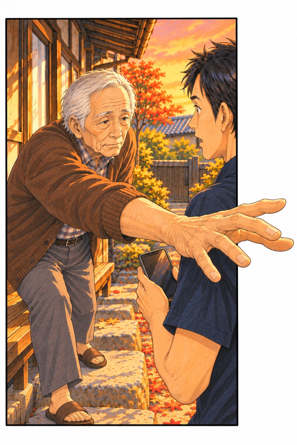夕方の縁側から、サンダルで門のほうへ出てきた年配の男性が、20代の男性の査定員のほうへ手をのばしている。その手が絵の枠の右の線を越えて外へ出ている。