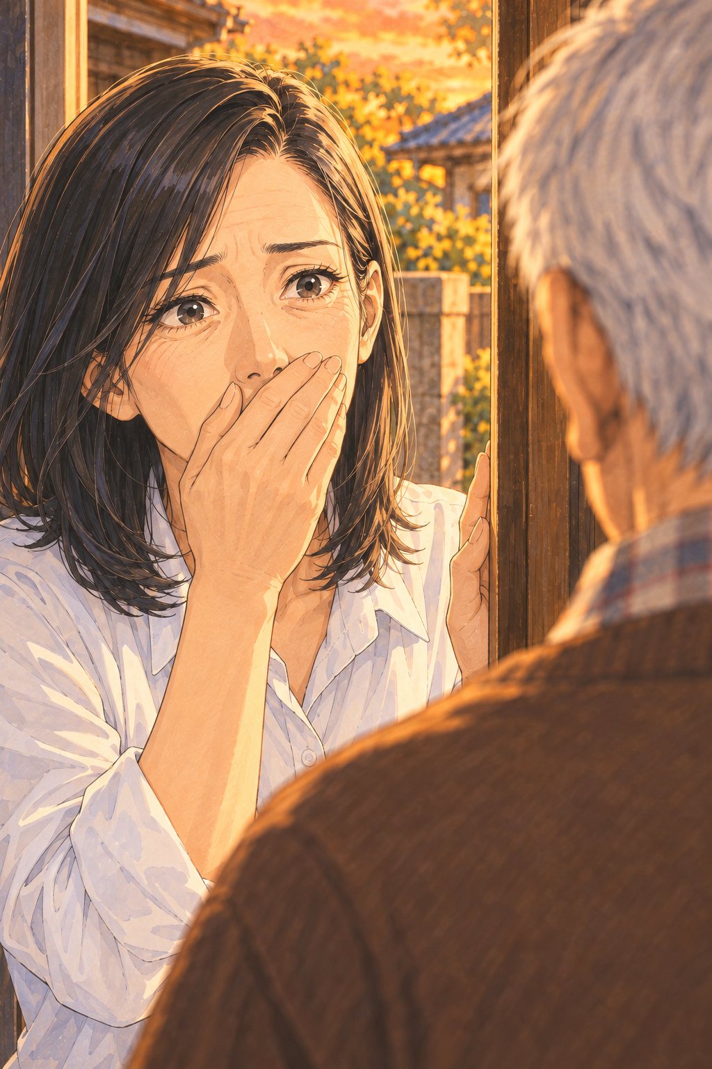 玄関の戸のところで、口元に手を当てて父の背中を見つめる40代の女性の寄り。