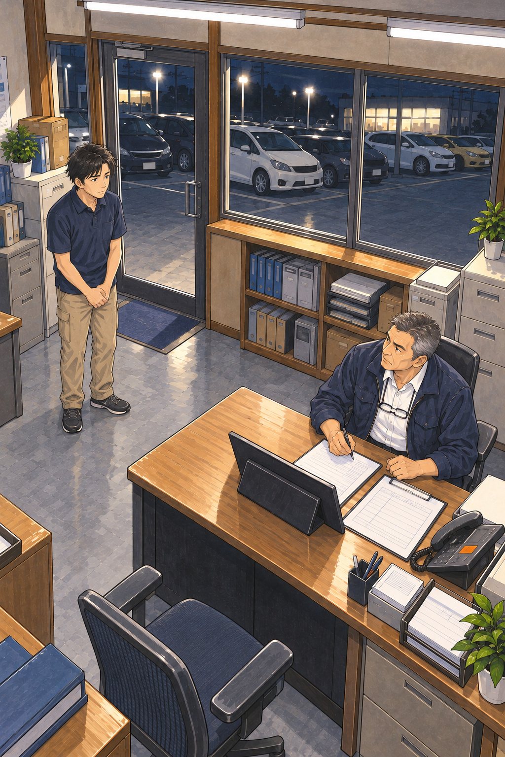 夜の買取の店の事務所を、天井の近くから見下ろす。机に座る50代の店長と、戸口に小さく立つ20代の男性の査定員。白い蛍光灯。