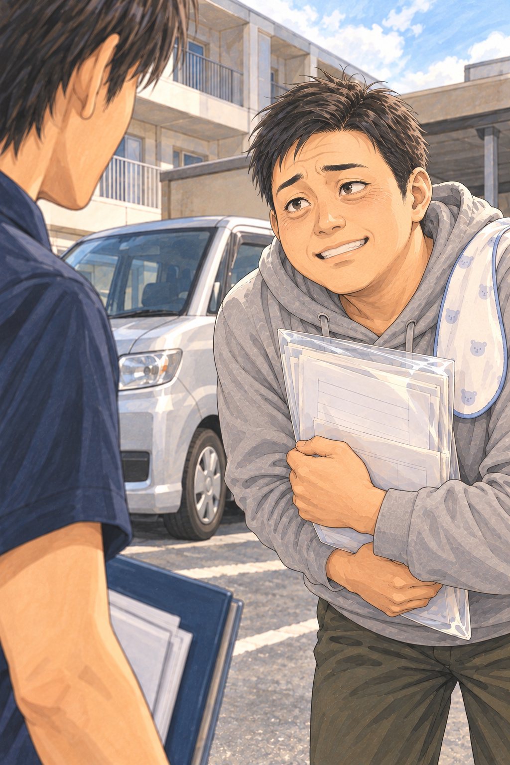 朝のアパートの駐車場。銀色の小さなミニバンの横で、書類の入った透明の袋を胸に抱え、身を乗り出す30代の男性。肩に赤ちゃんのよだれかけ。手前に、ファイルを持った20代の男性の査定員の肩。
