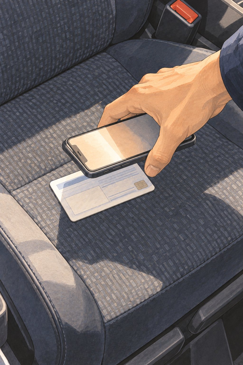 ミニバンの座席の上。小さな厚紙の車検証に、男性の手がスマホをかざしている寄り。画面の光だけ（字は読めない）。