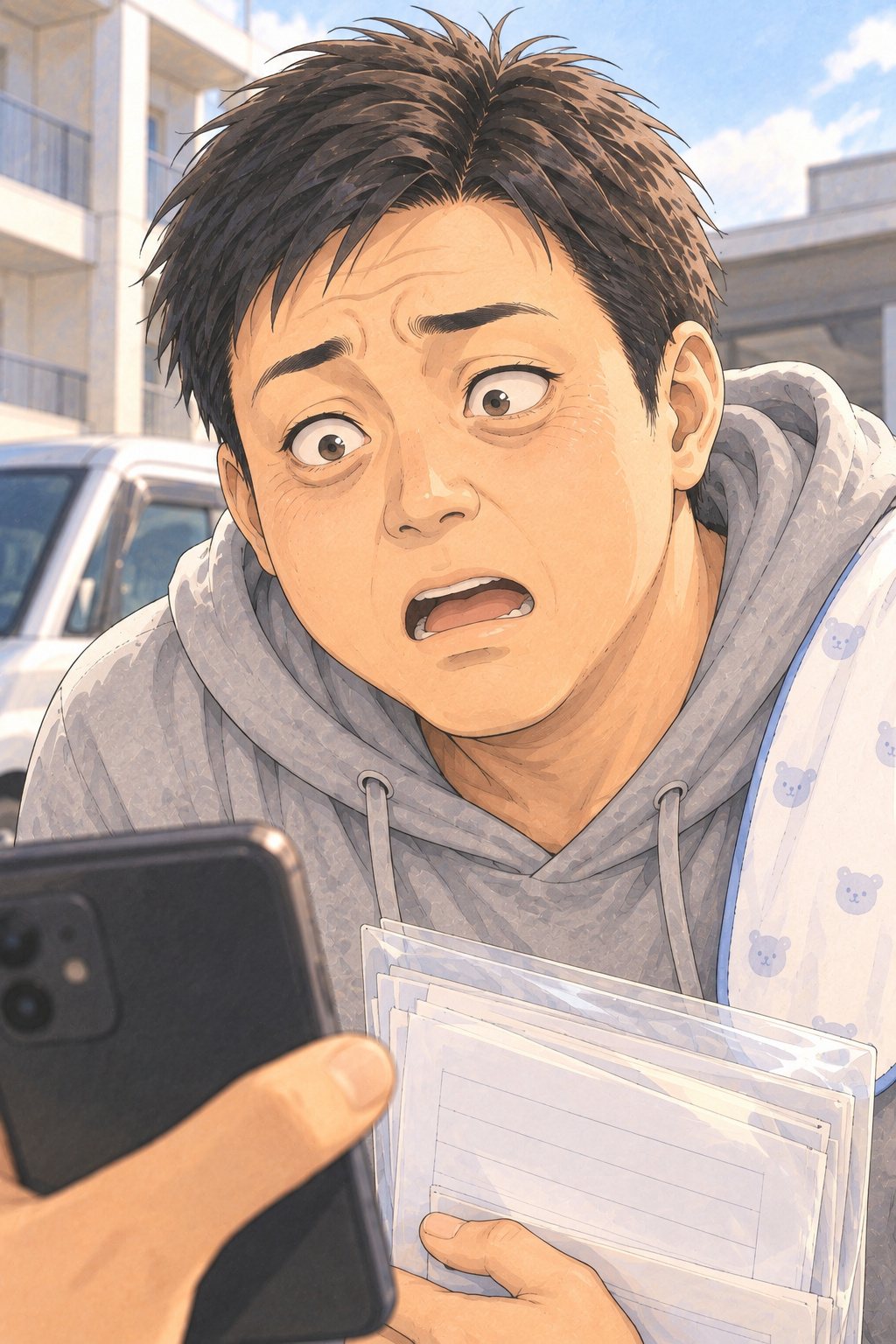 目を見開いて口を開けたまま固まる30代の男性の顔の寄り。手前に、査定員の手のスマホ。