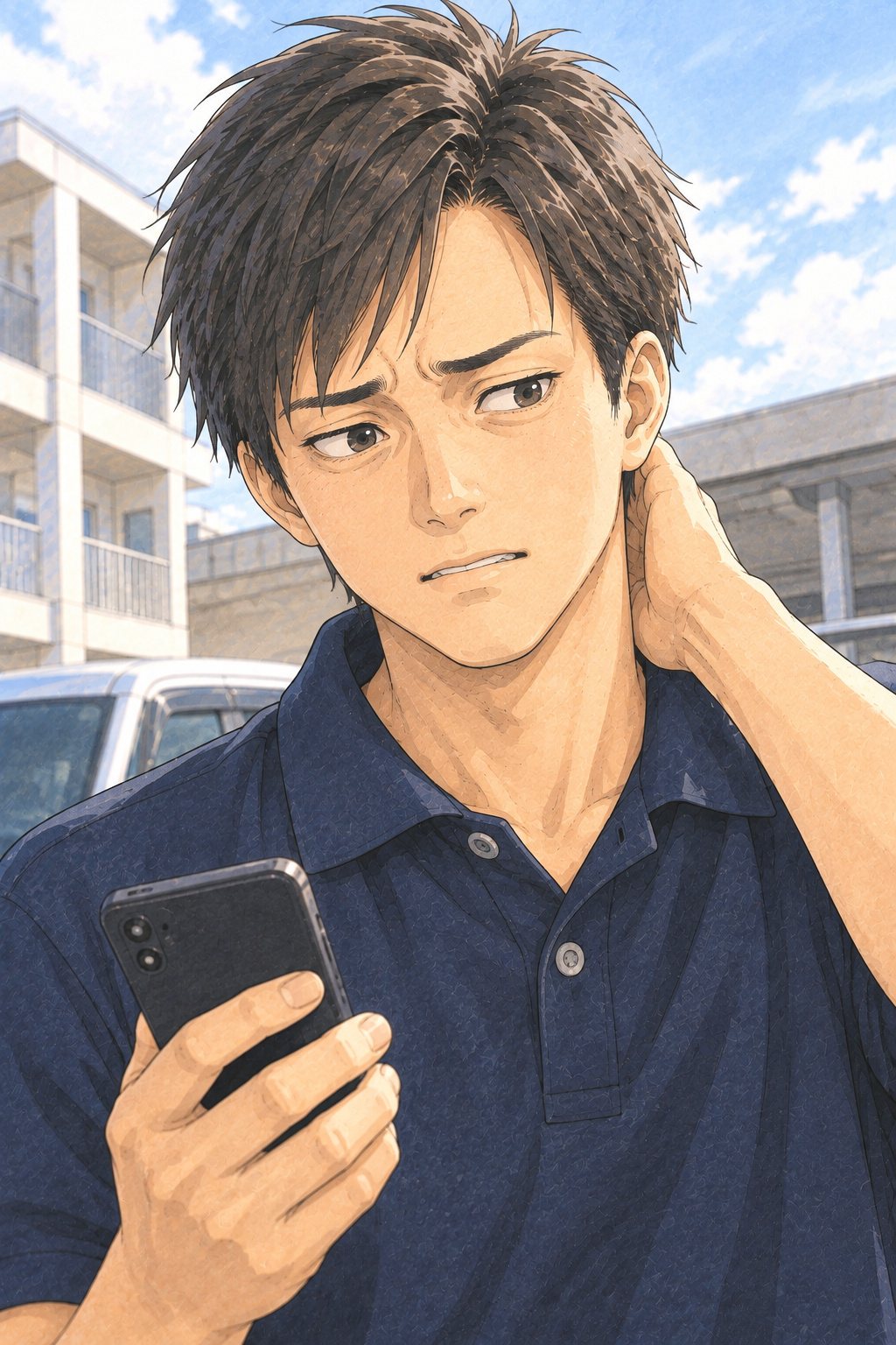 スマホを持ったまま首の後ろに手をやり、言いにくそうに眉を寄せる20代の男性の査定員の顔の寄り。
