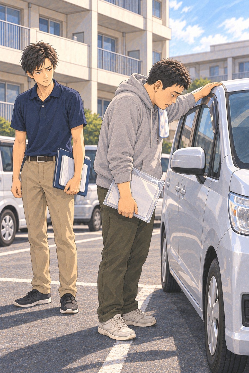 アパートの駐車場。銀色のミニバンの屋根に片手をのせ、車を見下ろして立ちつくす30代の男性。左に、ファイルを抱えて立つ20代の男性の査定員。