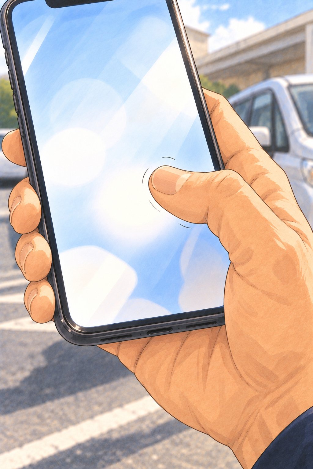 男性の査定員の親指が、スマホの通話の印の上で止まっている寄り。指先がかすかに震え、画面の光だけ（字は読めない）。
