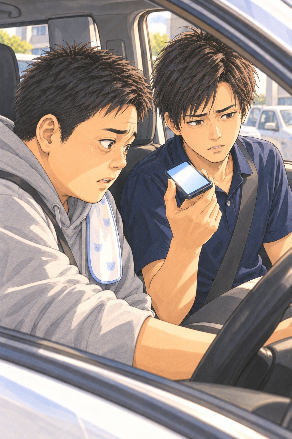 運転席の窓の外から見た、ミニバンの前の座席。手前の運転席の30代の男性と、助手席でスマホを顔の前に持つ20代の男性の査定員が、身を寄せて相手の声を聞いている。